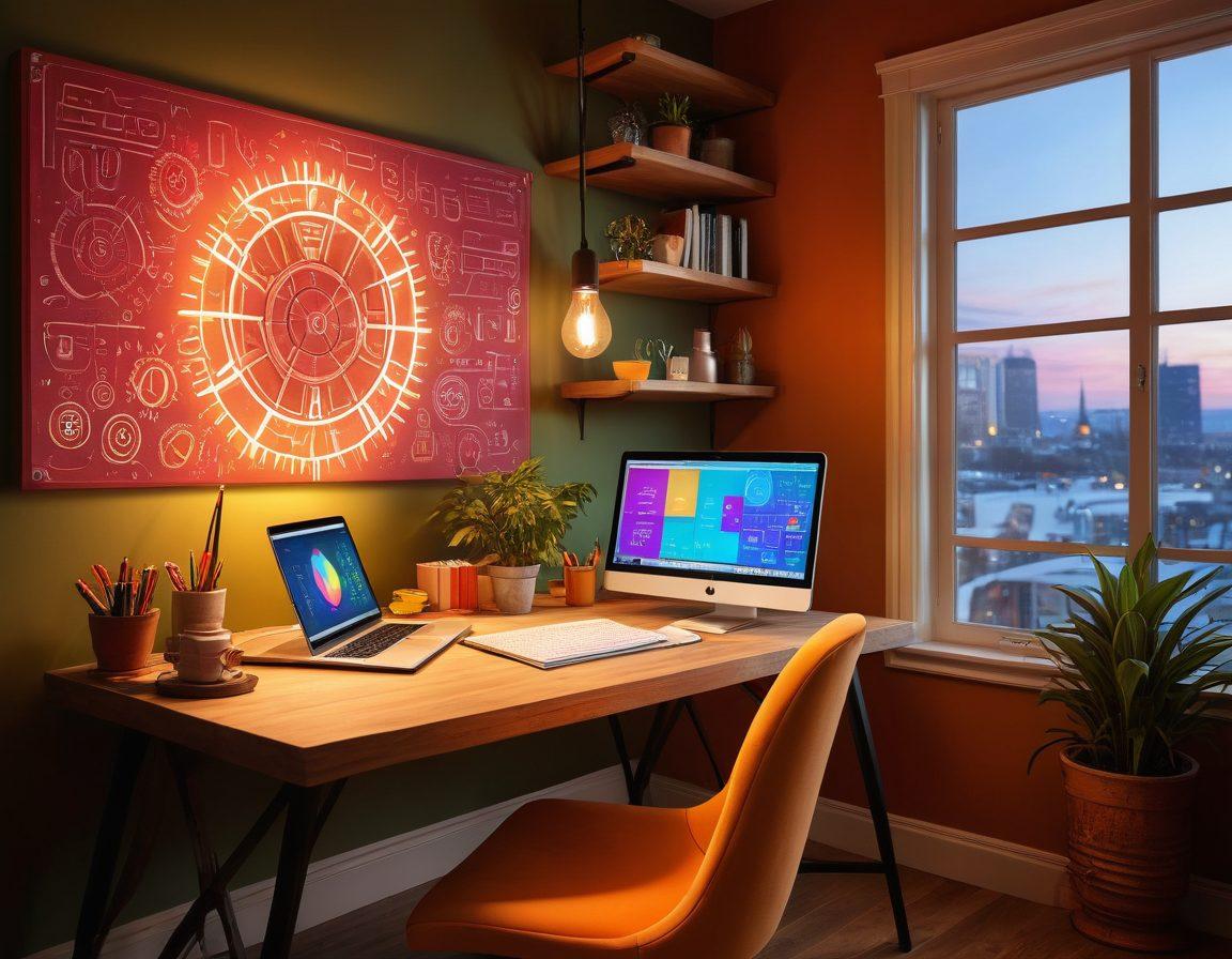 A dynamic workspace featuring a glowing light bulb symbolizing inspiration, surrounded by colorful gears representing creativity and technology. Include a laptop displaying a vibrant website, with charts and creative designs around it. Incorporate a warm, inviting atmosphere with a hint of a cozy corner, embodying passion and innovation. super-realistic. vibrant colors. cozy ambiance.